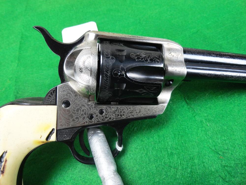 Cimarron Frontier, 4” Bbl., 45 Colt, Engraved Silver/Bone Revolver, SN:E066