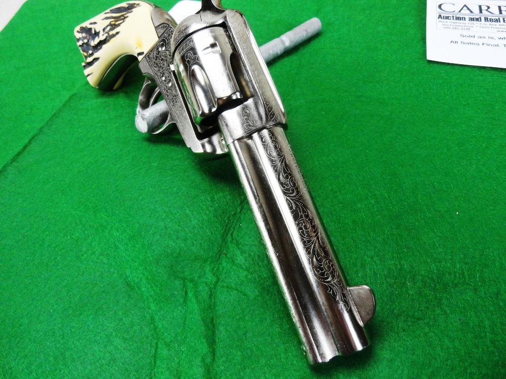 Cimarron Frontier, 4” Bbl., 45 Colt, Engraved Silver/Bone Revolver, SN:E061