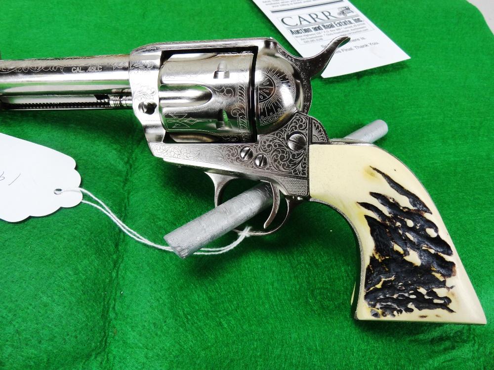 Cimarron Frontier, 4” Bbl., 45 Colt, Engraved Silver/Bone Revolver, SN:E061