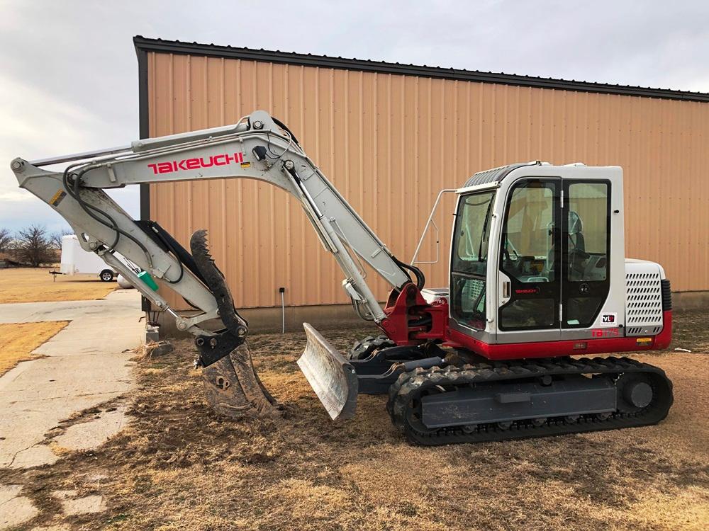 2005 Takeuchi TB175CR Excavator, Rubber Tracks, Front Blade, Thumb, (2) Buckets -18’ & 33’, 487 Hrs.