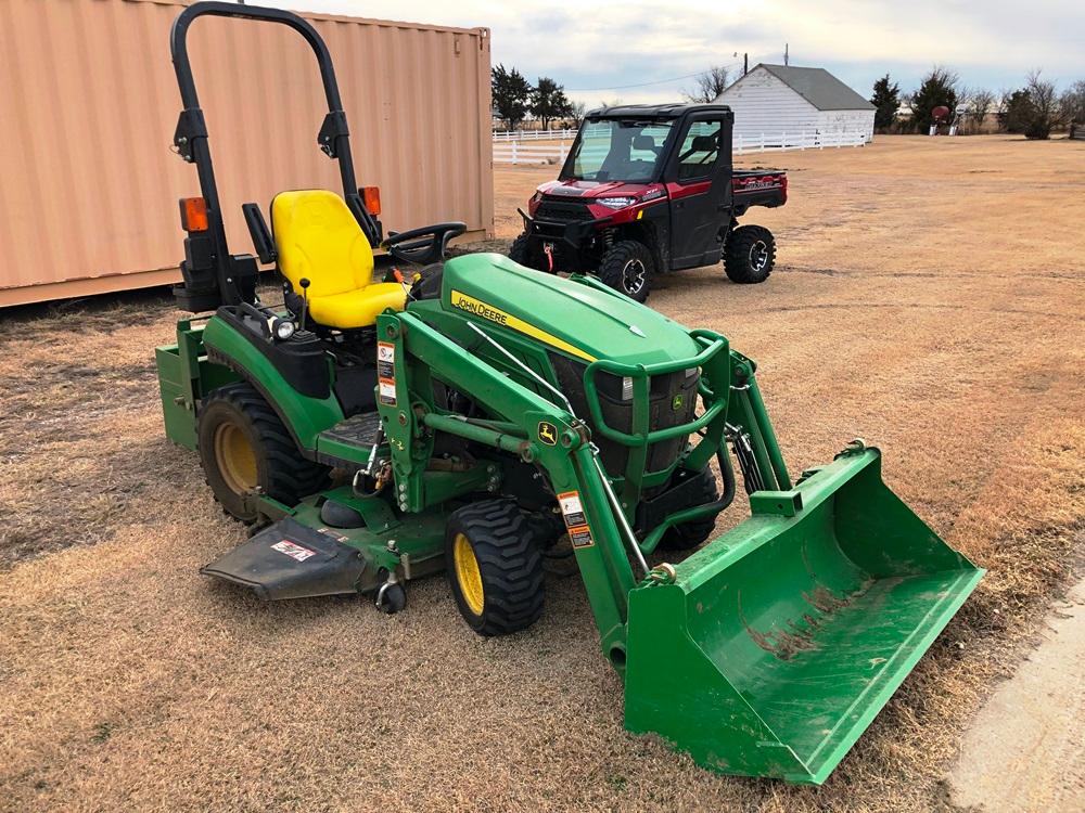 JD 1025 R Tractor w/H120 Loader w/54” Bucket, 3-Pt., PTO,  60’ Deck Mower, 211 Hrs.