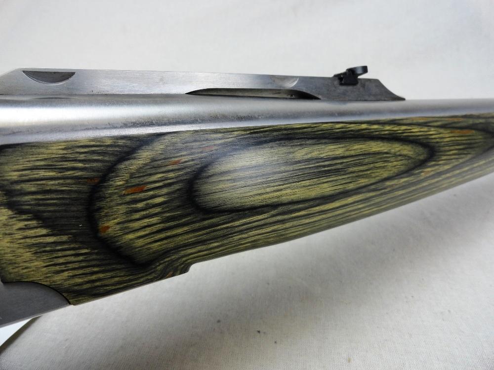 Ruger No. 1, 405 Winchester, Stainless Steel, w/Green Lam. Stock, SN:134-13408, NIB