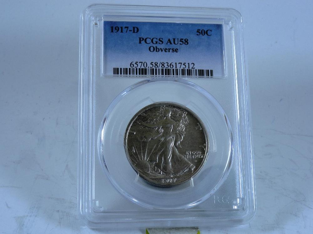 1917-D Walking Liberty Half-Dollar Obverse, AU58