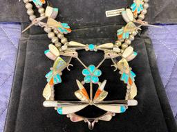 Zuni Sterling Silver "Hummingbird" Turquoise & Coral Squash Blossom Necklace