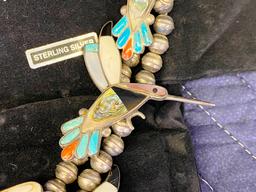 Zuni Sterling Silver "Hummingbird" Turquoise & Coral Squash Blossom Necklace