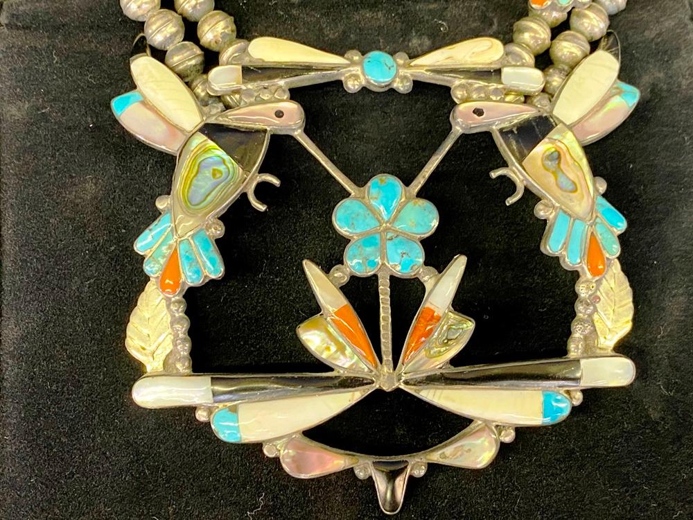 Zuni Sterling Silver "Hummingbird" Turquoise & Coral Squash Blossom Necklace