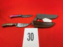 (2) Damascus Knives w/Sheaths, Pink/Brown Handles (X 2)