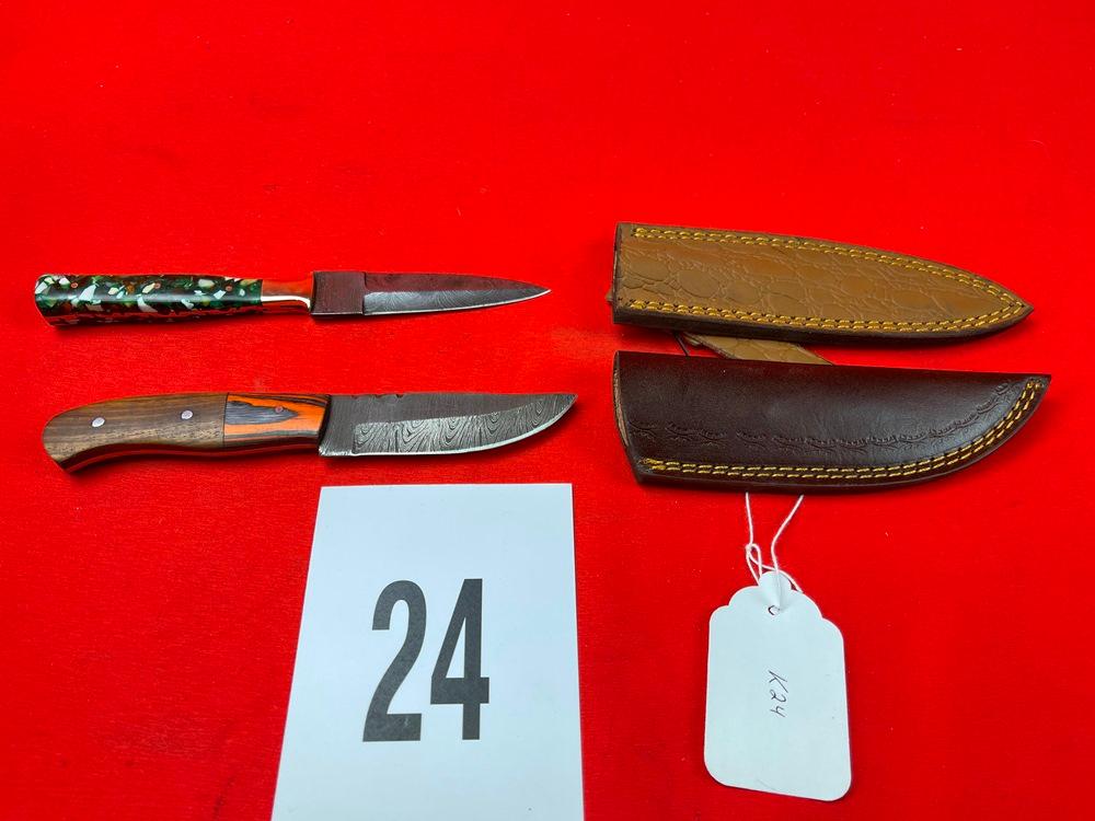 (2) Damascus Knives w/Sheaths, Orange/Green Handles  (X 2)