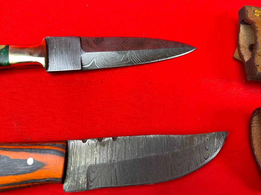 (2) Damascus Knives w/Sheaths, Orange/Green Handles  (X 2)