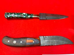 (2) Damascus Knives w/Sheaths, Orange/Green Handles  (X 2)