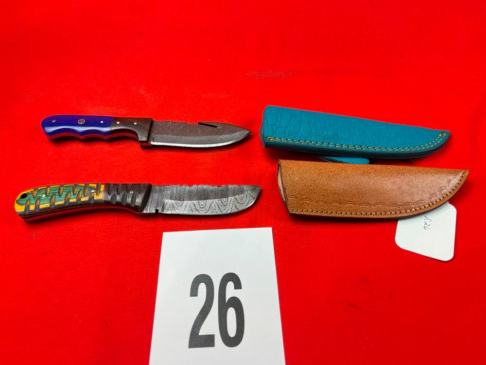 (2) Damascus Knives w/Sheaths, Blue/Green Handles  (X 2)