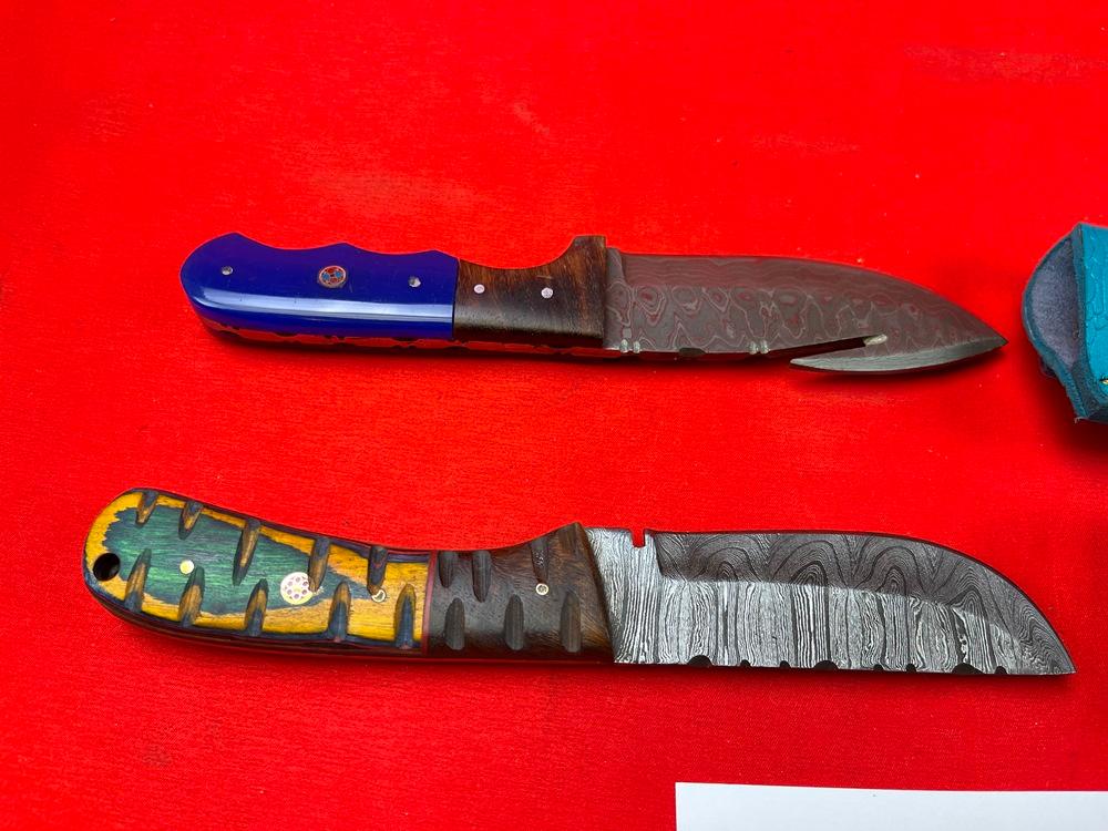(2) Damascus Knives w/Sheaths, Blue/Green Handles  (X 2)