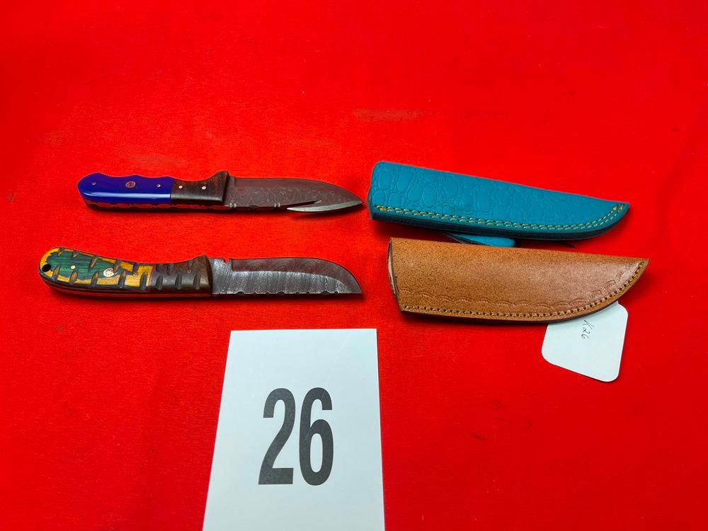 (2) Damascus Knives w/Sheaths, Blue/Green Handles  (X 2)