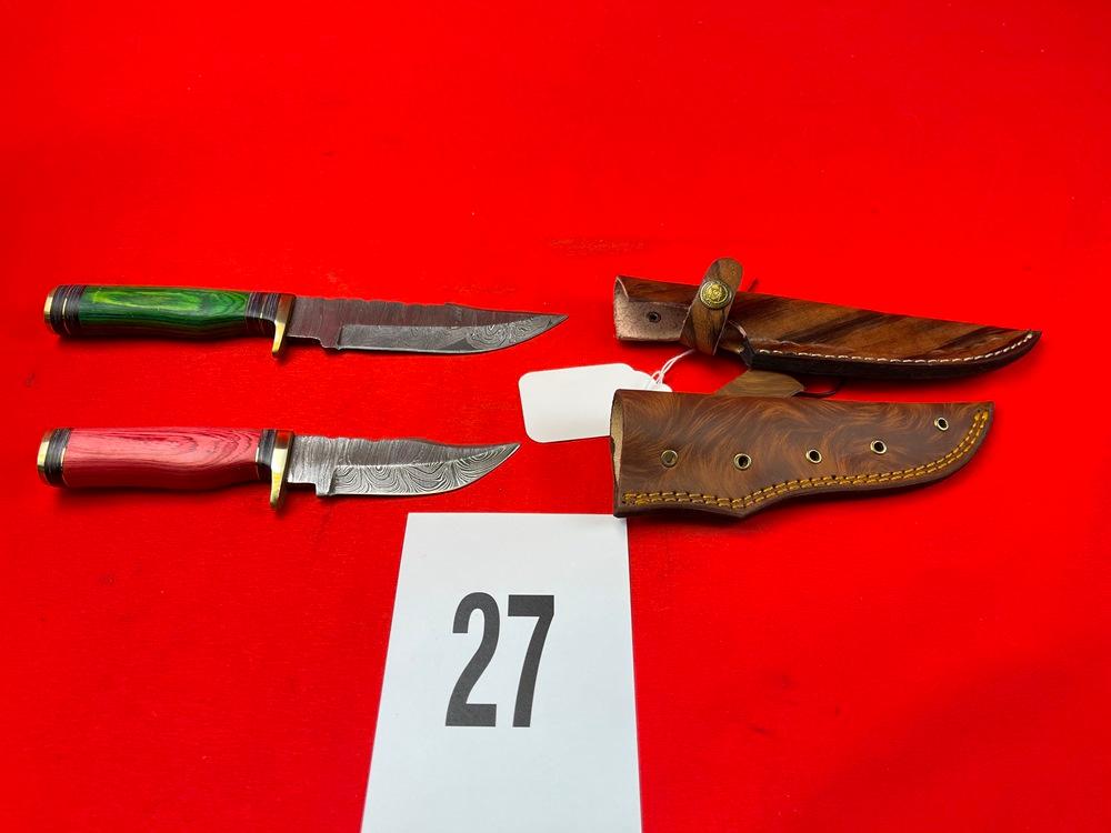 (2) Damascus Knives w/Sheaths, Green/Red Handles (X 2)