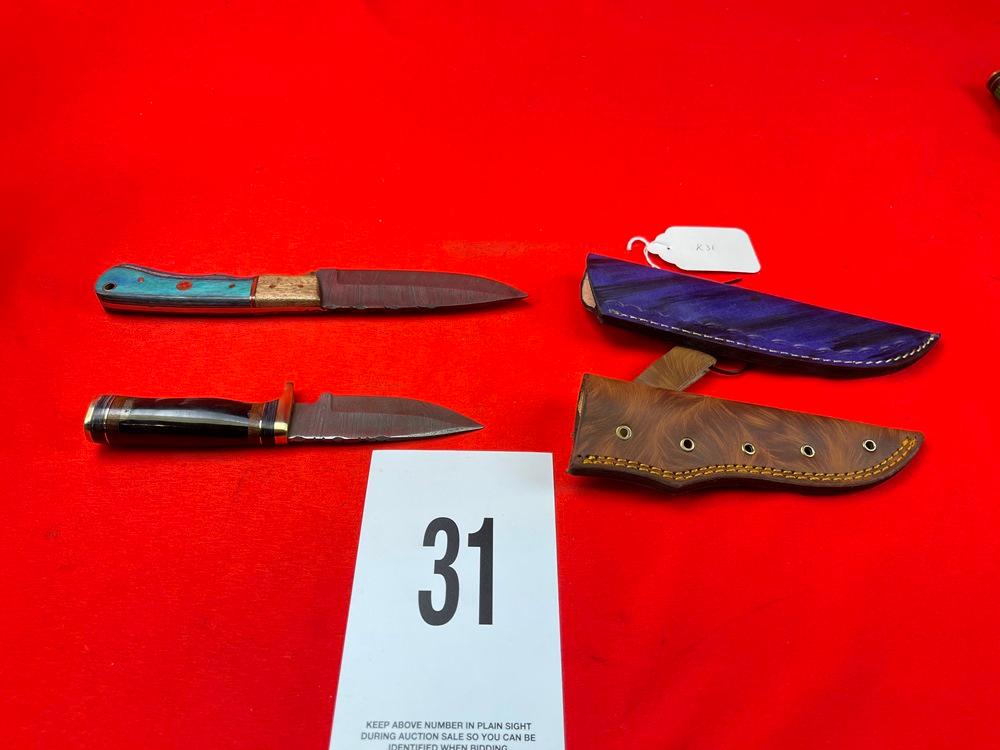 (2) Damascus Knives w/Sheaths, Blue/Black Handles (X 2)