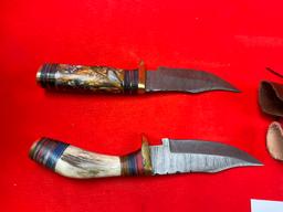 (2) Damascus Knives w/Sheaths, Orange/White Handles (X 2)