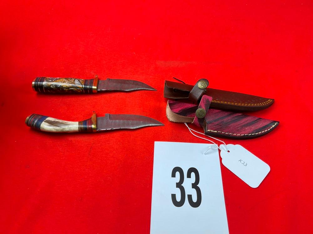(2) Damascus Knives w/Sheaths, Orange/White Handles (X 2)