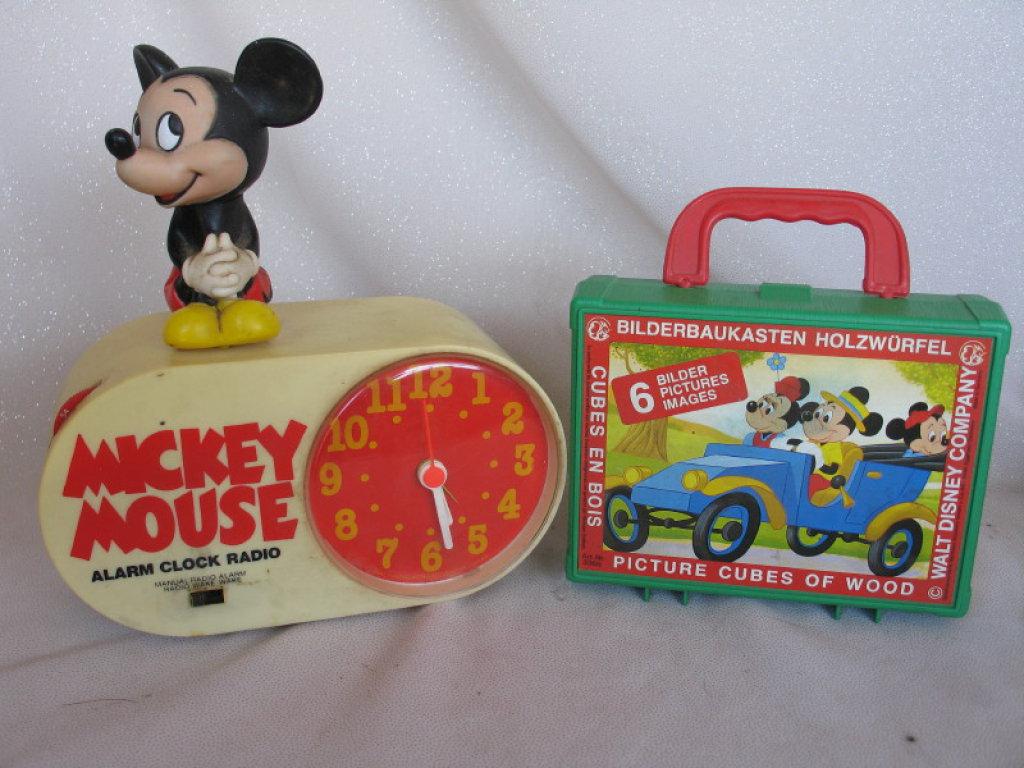 Mixed vintage Mickey Mouse:- 1980 Concept clock radio, German Eichhorn wood
