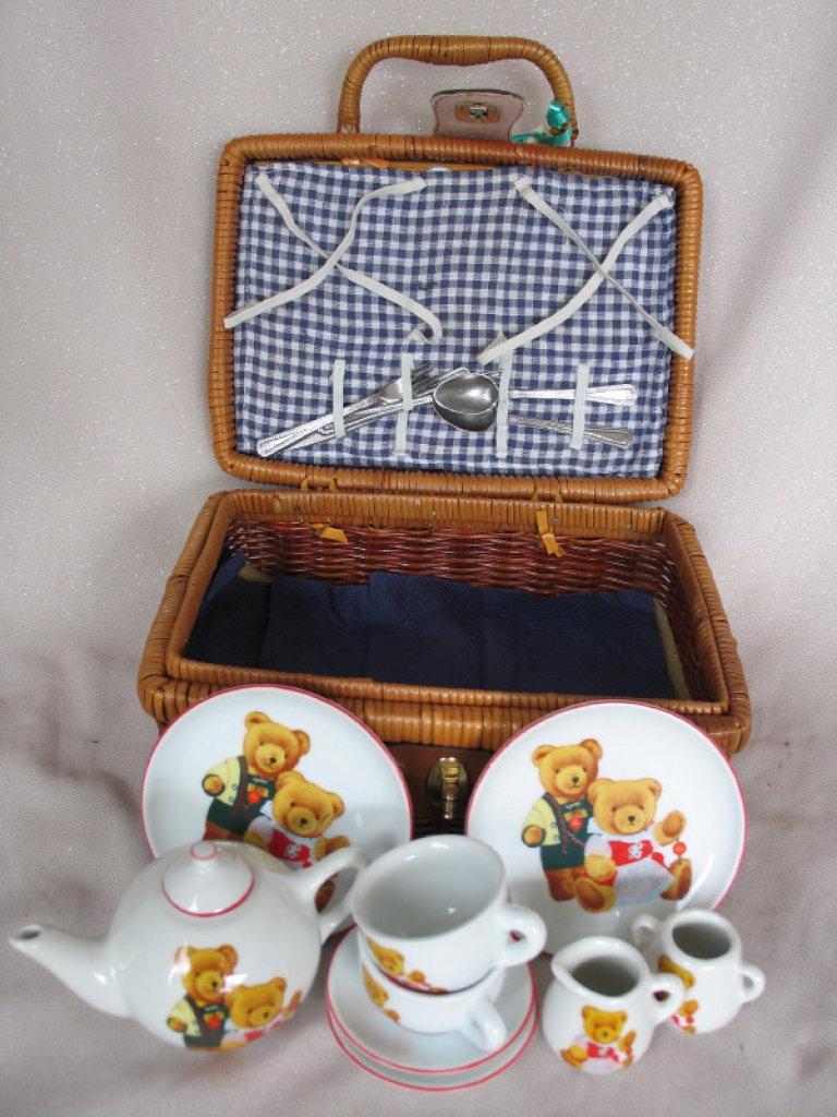 German Reutter doll / bear tea picnic set in basket with bear pattern  Two