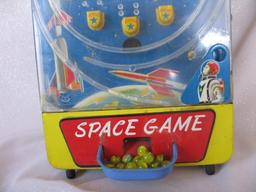 Japan 1960s Tomiyama 'Space Game' child tin litho game with original marble