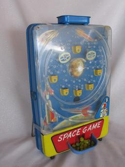 Japan 1960s Tomiyama 'Space Game' child tin litho game with original marble