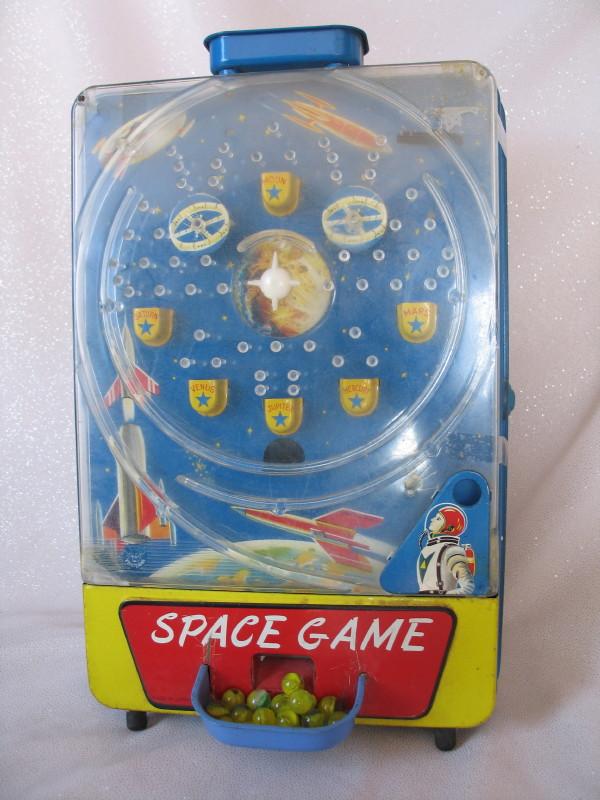 Japan 1960s Tomiyama 'Space Game' child tin litho game with original marble