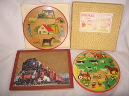 Three child 1950-60s wood puzzles:- Boxed Simplex 'The Farm' 19cm and unbox