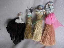 Mixed Half Dolls & Figurines:- Dog/clown/lady Half doll brushes. Flapper ar