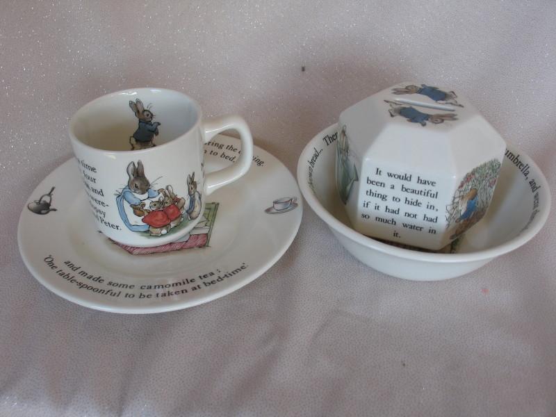 China 1990s Beatrix Potter Wedgwood "Peter Rabbit" four pieces. Sweet bowl,