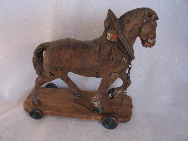 Two Toys:- Carved wood Plough Horse vintage pull along. Has playwear, paint