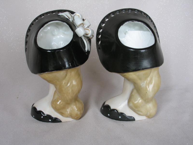 Japan Art Deco figural lady head vase 18cm with rare black wide brim hat, o