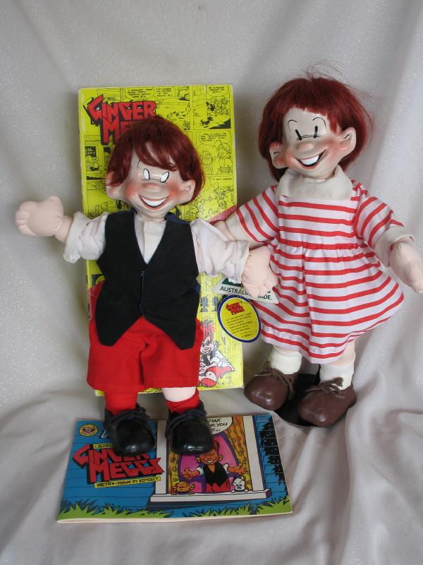 Two Anne Keane Ginger Meggs & Minnie Peters 43cm porcelain comic dolls. Gin