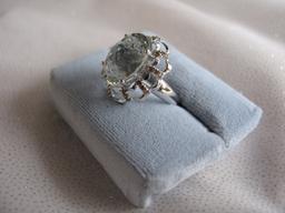 Ladies 14K White Diamond & Prasiolite Gold dress ring, stamped 14K. Quartz