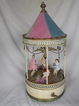 Working child 1920s Tin Clockwork Carousel Merry-Go-Round. Possible German