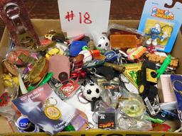 Box of Vintage Key Chains, Whistles and Toys