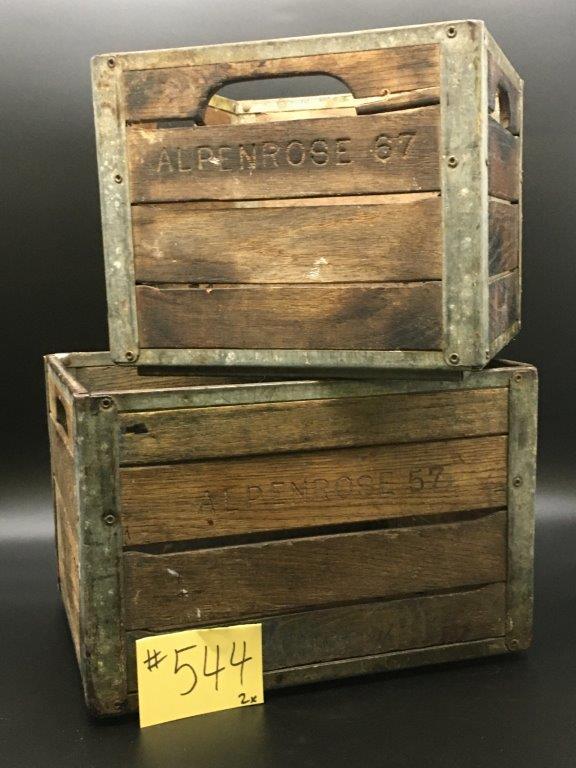 2x WOODEN MILK CRATES w/ METAL CORNERS & BASE