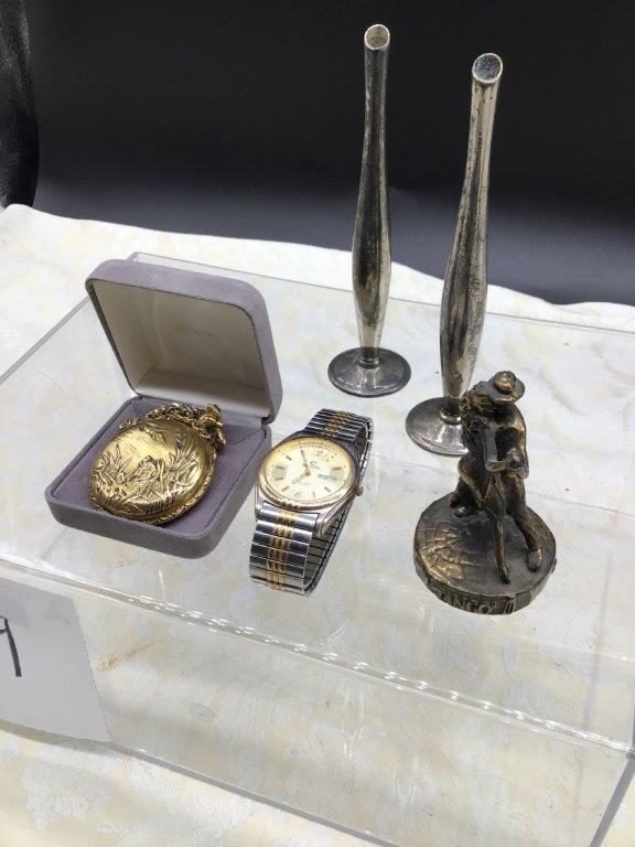 MAJESTRON POCKET WTCH, ELGIN WRIST WATCH, METAL DANCERS, PAIR VASES