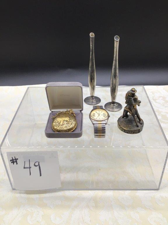 MAJESTRON POCKET WTCH, ELGIN WRIST WATCH, METAL DANCERS, PAIR VASES