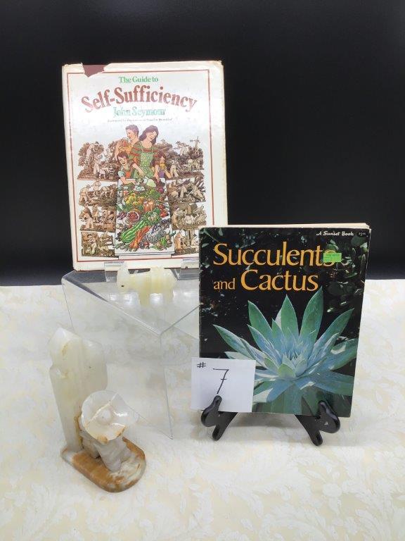STONE CARVED DONKEY AND CACTUS AND TWO BOOKS