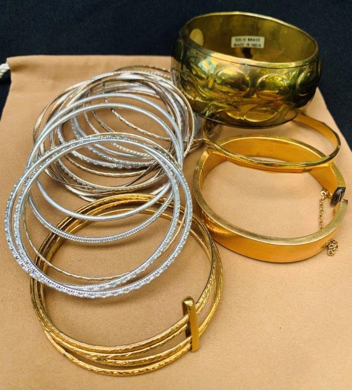 LARGE BRACELET AND HOOP EARRING LOT- 12K GOLD FILLED, BRASS, TRIFARI