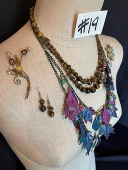 LEAF NECKLACE, BROOCHES AND BEADED STONE NECKLACE AND EARRING SET"