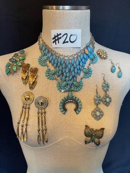 TURQUOISE NECKLACES, EARRINGS AND BROOCHES"