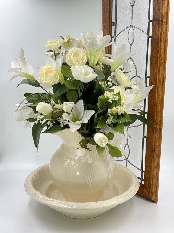 HOME DÉCOR: FLORAL PITCHER ARRANGEMENT AND FRAMED GLASS DÉCOR