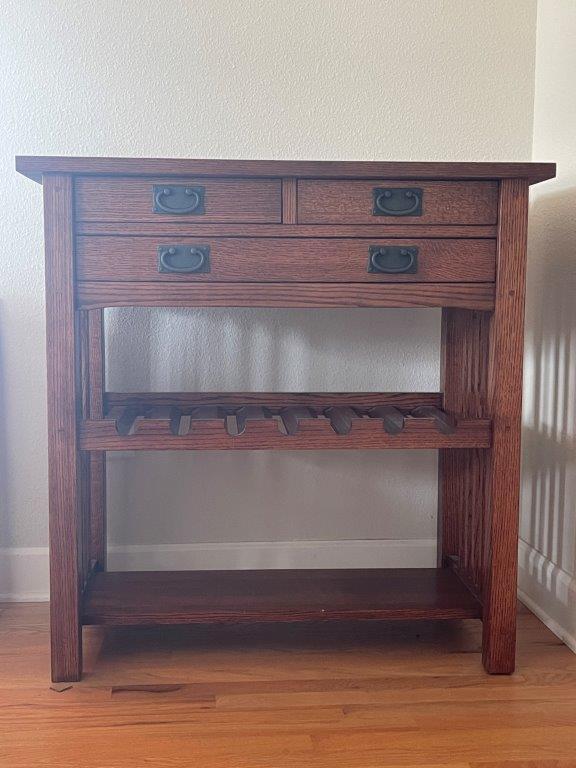 HOME FURNISHINGS: MISSION STYLE ENTRY TABLE WITH DRAWERS AND WINE STORAGE