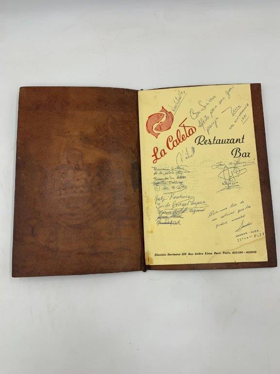 VINTAGE STAMPED LEATHER MENU FOR LA CALETA RESTAURANT & BAR FROM LIMA, PERU