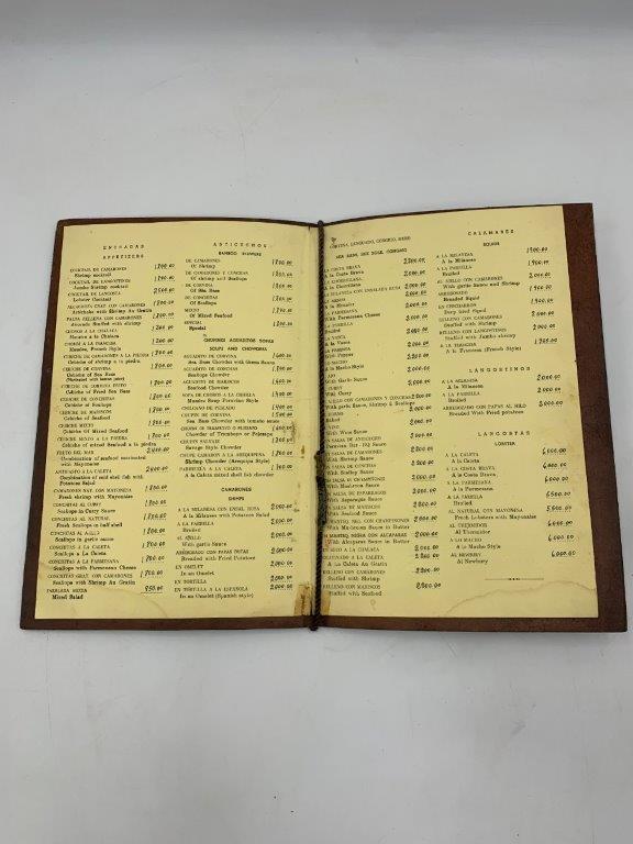 VINTAGE STAMPED LEATHER MENU FOR LA CALETA RESTAURANT & BAR FROM LIMA, PERU