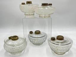 FIVE LARGE ANTIQUE GLASS OIL LAMP INSERTS