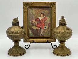 TWO BRASS OIL LAMPS AND FRAMED ART