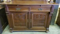 ANTIQUE BUFFET WITH DECORATIVE FLORAL DESIGN AND STAINED GLASS