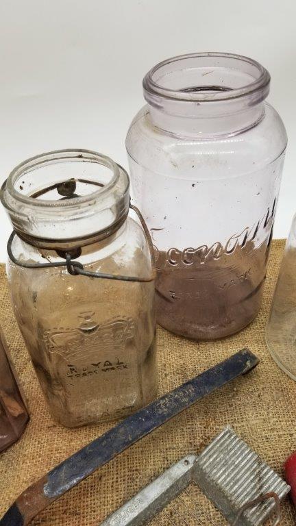 ANTIQUE JARS, AND PRIMITIVE KITCHEN COLLECTIBLES